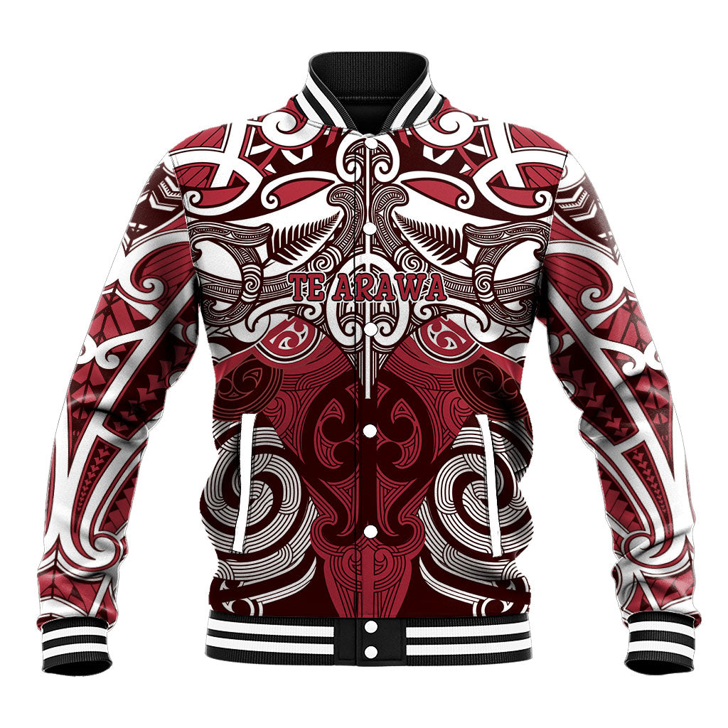 Personalised Maori Te Arawa Baseball Jacket Silver Fern Kowhaiwhai Art LT01 Unisex Red - Polynesian Pride