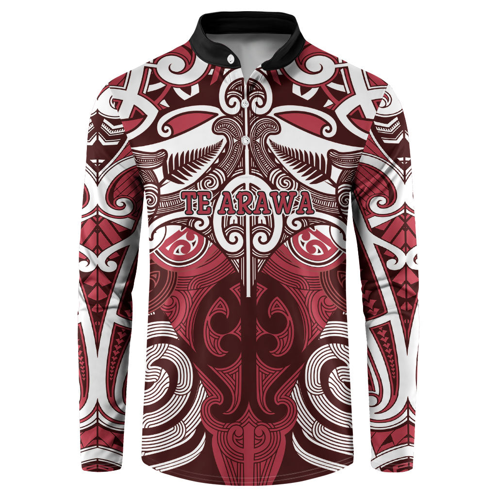 Personalised Maori Te Arawa Button Sweatshirt Silver Fern Kowhaiwhai Art LT01 Red - Polynesian Pride