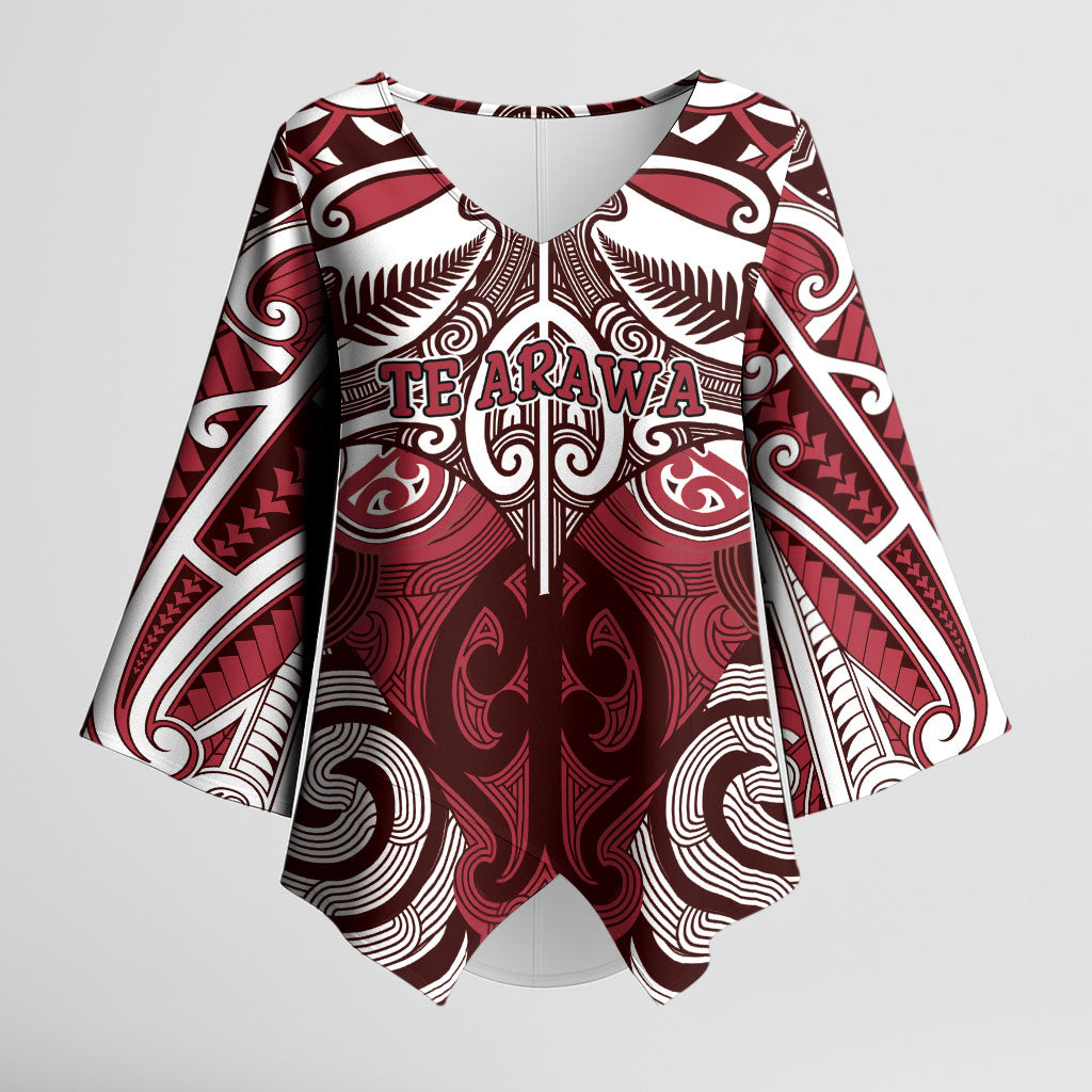 Personalised Maori Te Arawa Kimono Sleeve Blouse Silver Fern Kowhaiwhai Art LT01 Female Red - Polynesian Pride
