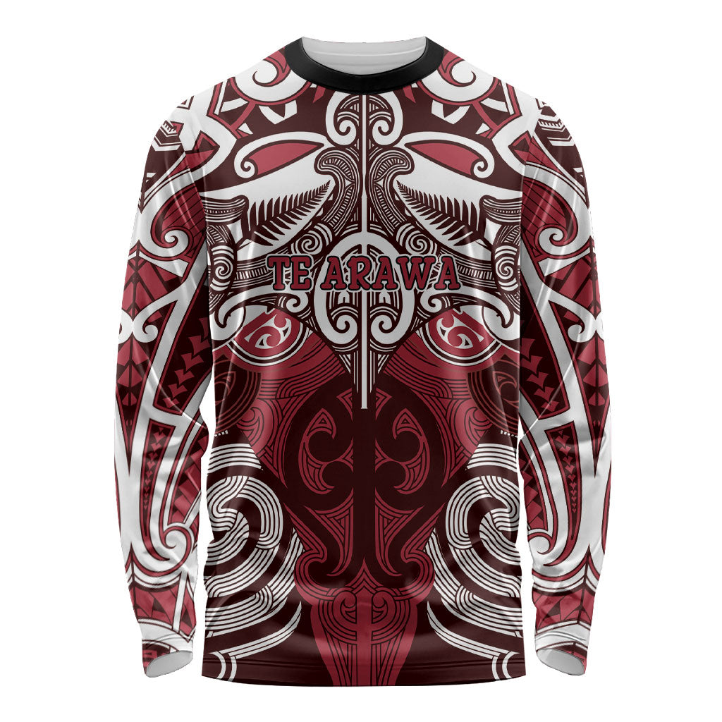 Personalised Maori Te Arawa Long Sleeve Shirt Silver Fern Kowhaiwhai Art LT01 Unisex Red - Polynesian Pride