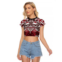 Personalised Maori Te Arawa Raglan Cropped T Shirt Silver Fern Kowhaiwhai Art LT01 Female Red - Polynesian Pride