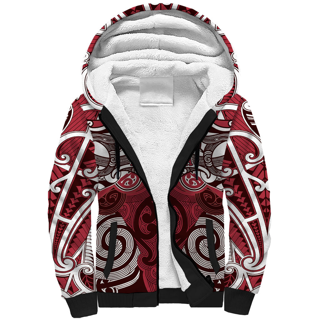 Personalised Maori Te Arawa Sherpa Hoodie Silver Fern Kowhaiwhai Art LT01 Unisex Red - Polynesian Pride