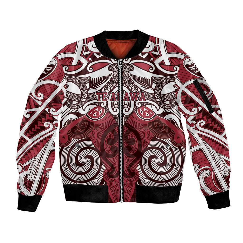 Personalised Maori Te Arawa Sleeve Zip Bomber Jacket Silver Fern Kowhaiwhai Art LT01 Unisex Red - Polynesian Pride