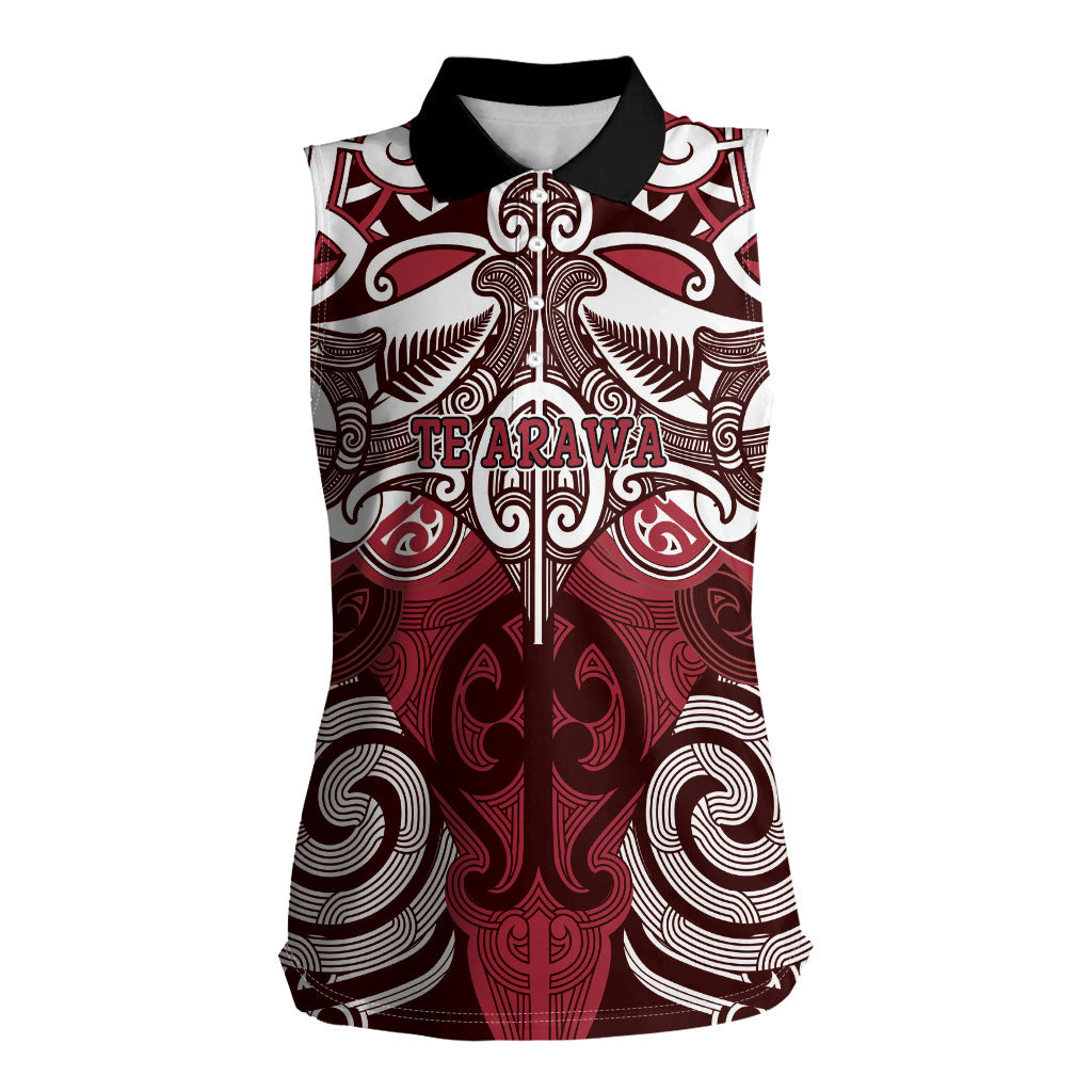 Personalised Maori Te Arawa Women Sleeveless Polo Shirt Silver Fern Kowhaiwhai Art LT01 Female Red - Polynesian Pride