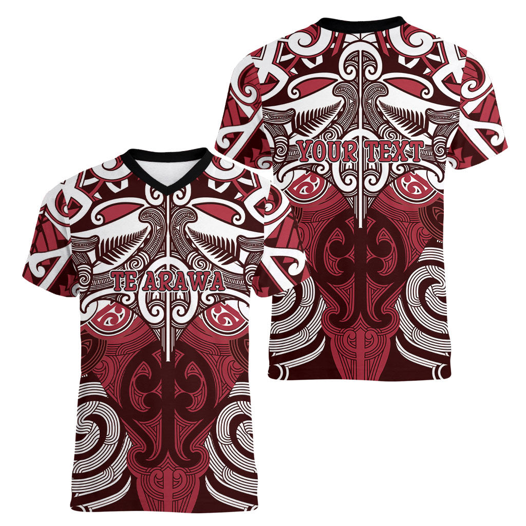 Personalised Maori Te Arawa Women V-Neck T-Shirt Silver Fern Kowhaiwhai Art LT01 - Polynesian Pride