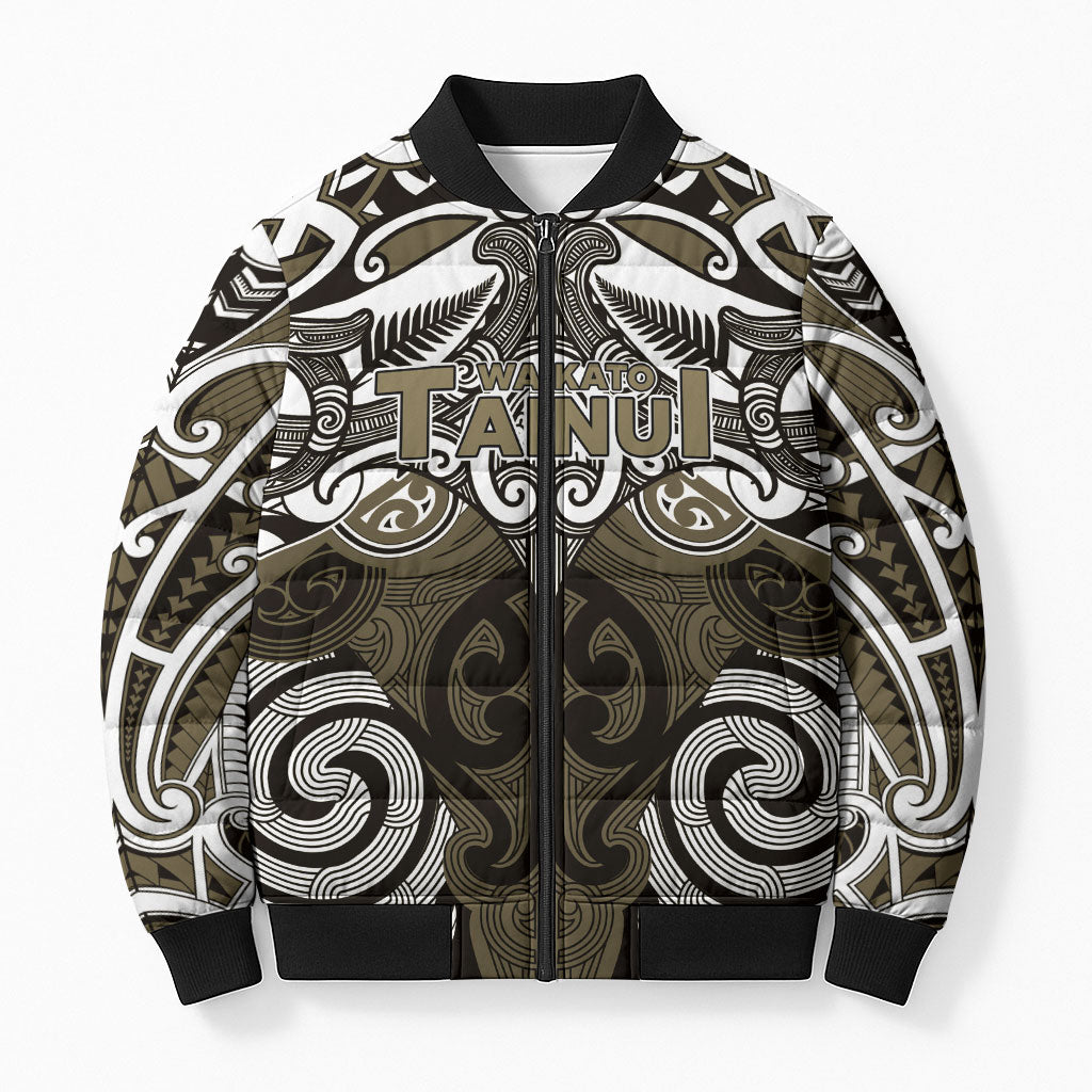 Personalised Maori Waikato Tainui Bomber Puffer Jacket Silver Fern Kowhaiwhai Art LT01 Unisex Muted Gold - Polynesian Pride
