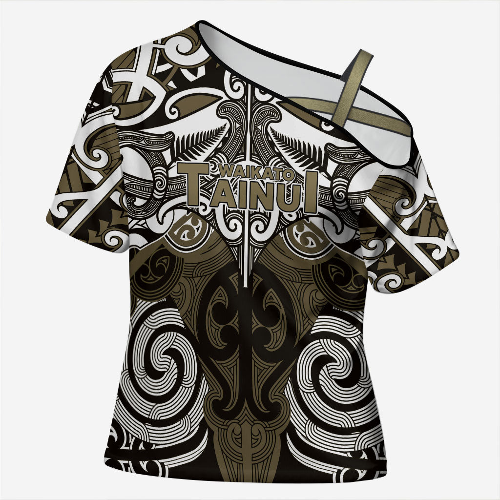 Personalised Maori Waikato Tainui Cross Shoulder Shirt Silver Fern Kowhaiwhai Art LT01 Female Muted Gold - Polynesian Pride