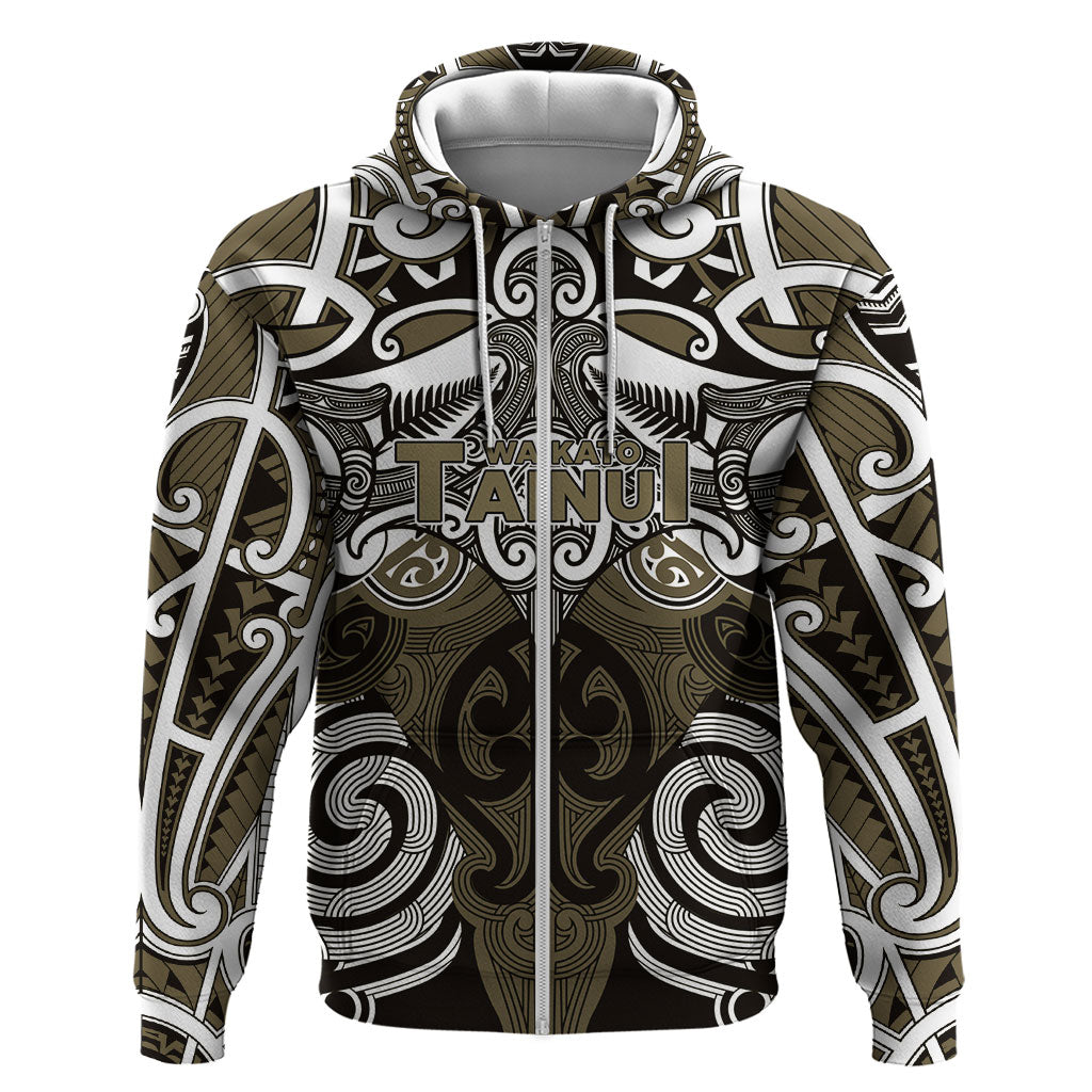 Personalised Maori Waikato Tainui Hoodie Silver Fern Kowhaiwhai Art LT01 Zip Hoodie Muted Gold - Polynesian Pride