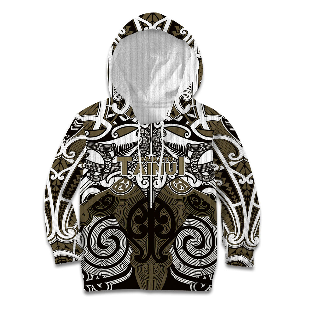 Personalised Maori Waikato Tainui Kid Hoodie Silver Fern Kowhaiwhai Art LT01 Hoodie Muted Gold - Polynesian Pride