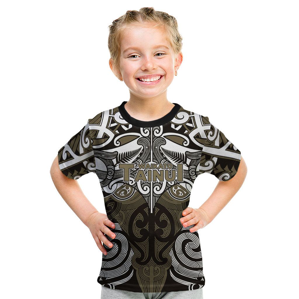 Personalised Maori Waikato Tainui Kid T Shirt Silver Fern Kowhaiwhai Art LT01 Muted Gold - Polynesian Pride
