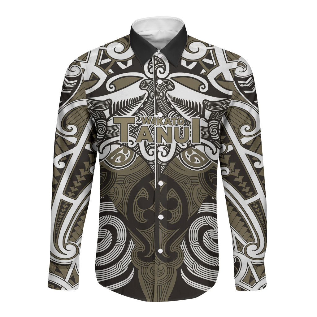 Personalised Maori Waikato Tainui Long Sleeve Button Shirt Silver Fern Kowhaiwhai Art LT01 Unisex Muted Gold - Polynesian Pride