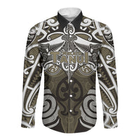 Personalised Maori Waikato Tainui Long Sleeve Button Shirt Silver Fern Kowhaiwhai Art LT01 Unisex Muted Gold - Polynesian Pride