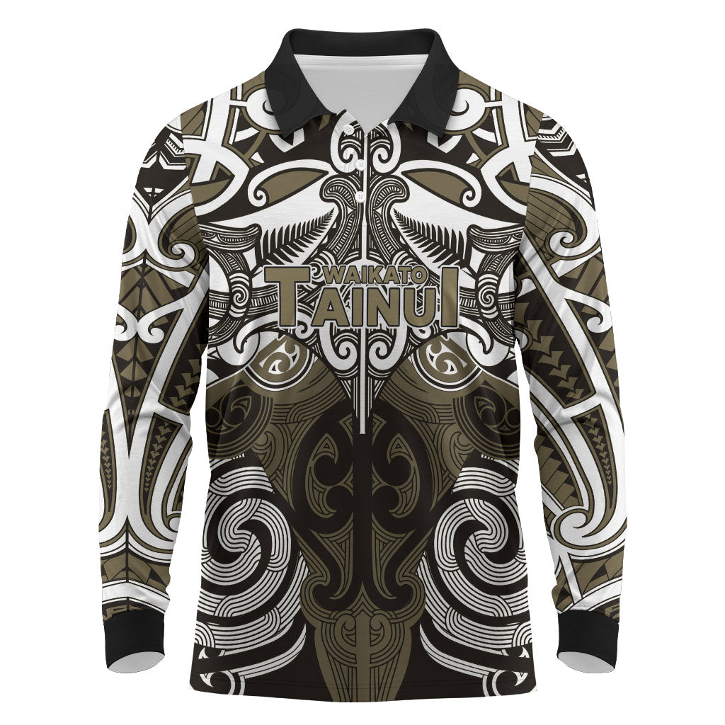 Personalised Maori Waikato Tainui Long Sleeve Polo Shirt Silver Fern Kowhaiwhai Art LT01 Muted Gold - Polynesian Pride