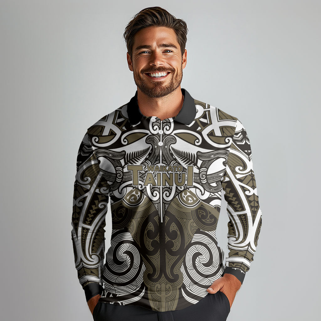 Personalised Maori Waikato Tainui Long Sleeve Polo Shirt Silver Fern Kowhaiwhai Art LT01 - Polynesian Pride