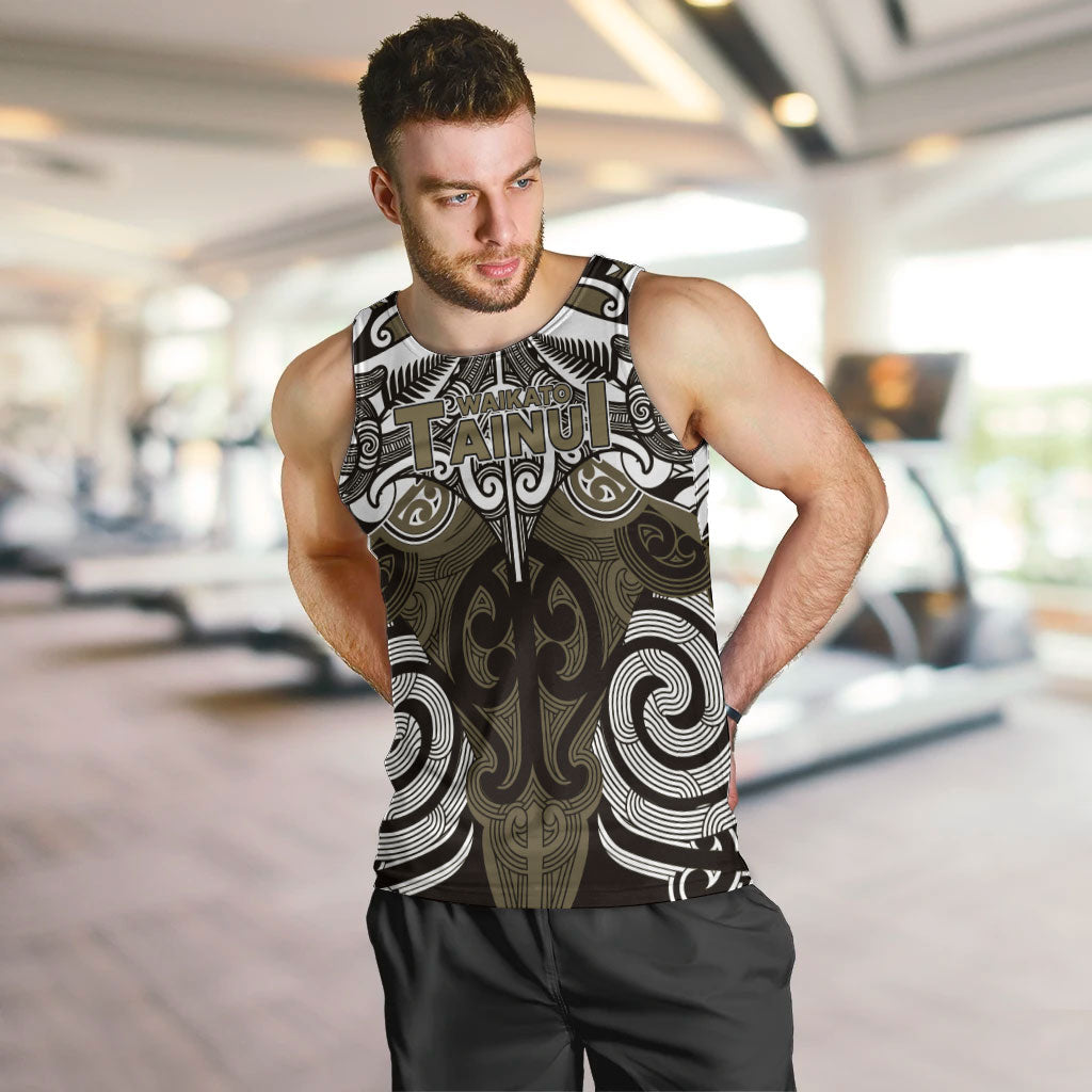 Personalised Maori Waikato Tainui Men Tank Top Silver Fern Kowhaiwhai Art LT01 Muted Gold - Polynesian Pride