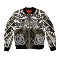 Personalised Maori Waikato Tainui Sleeve Zip Bomber Jacket Silver Fern Kowhaiwhai Art LT01 Unisex Muted Gold - Polynesian Pride