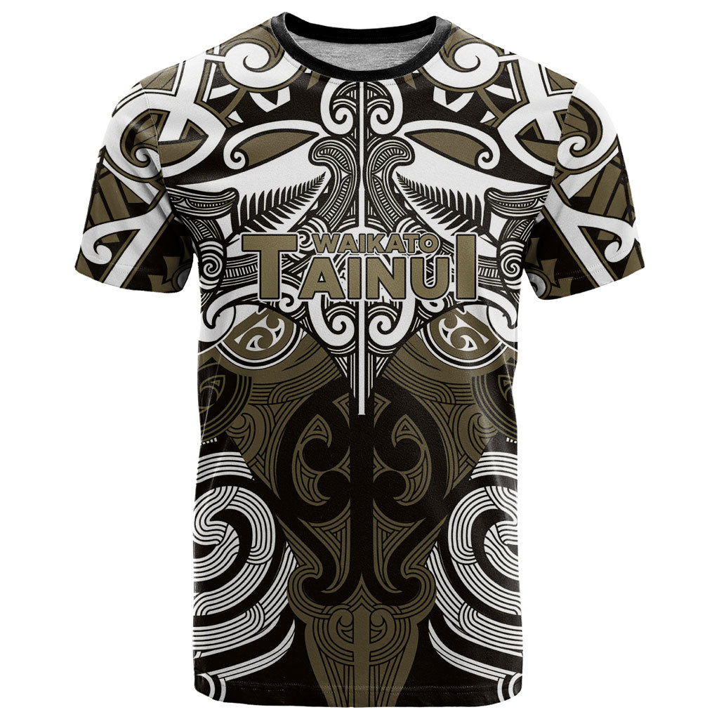 Personalised Maori Waikato Tainui T Shirt Silver Fern Kowhaiwhai Art LT01 Muted Gold - Polynesian Pride