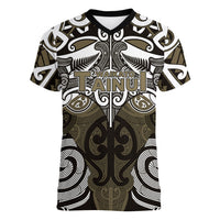 Personalised Maori Waikato Tainui Women V-Neck T-Shirt Silver Fern Kowhaiwhai Art LT01 Female Muted Gold - Polynesian Pride