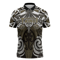 Personalised Maori Waikato Tainui Zipper Polo Shirt Silver Fern Kowhaiwhai Art LT01 Muted Gold - Polynesian Pride