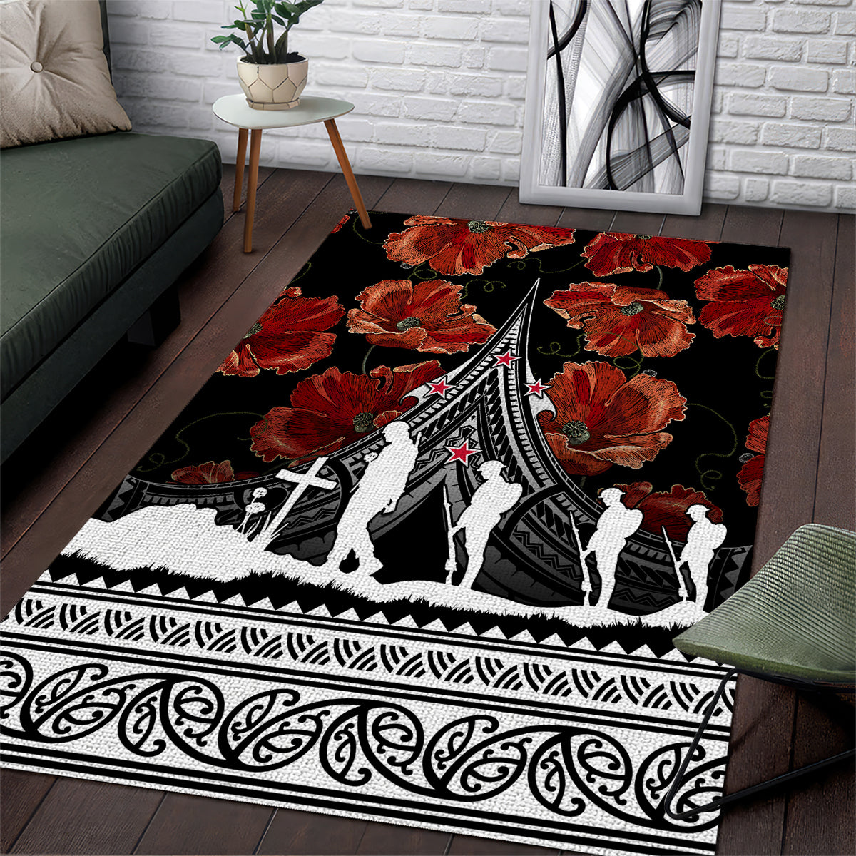 New Zealand ANZAC Day Area Rug Poppy With Polynesian Pattern LT01 Black - Polynesian Pride