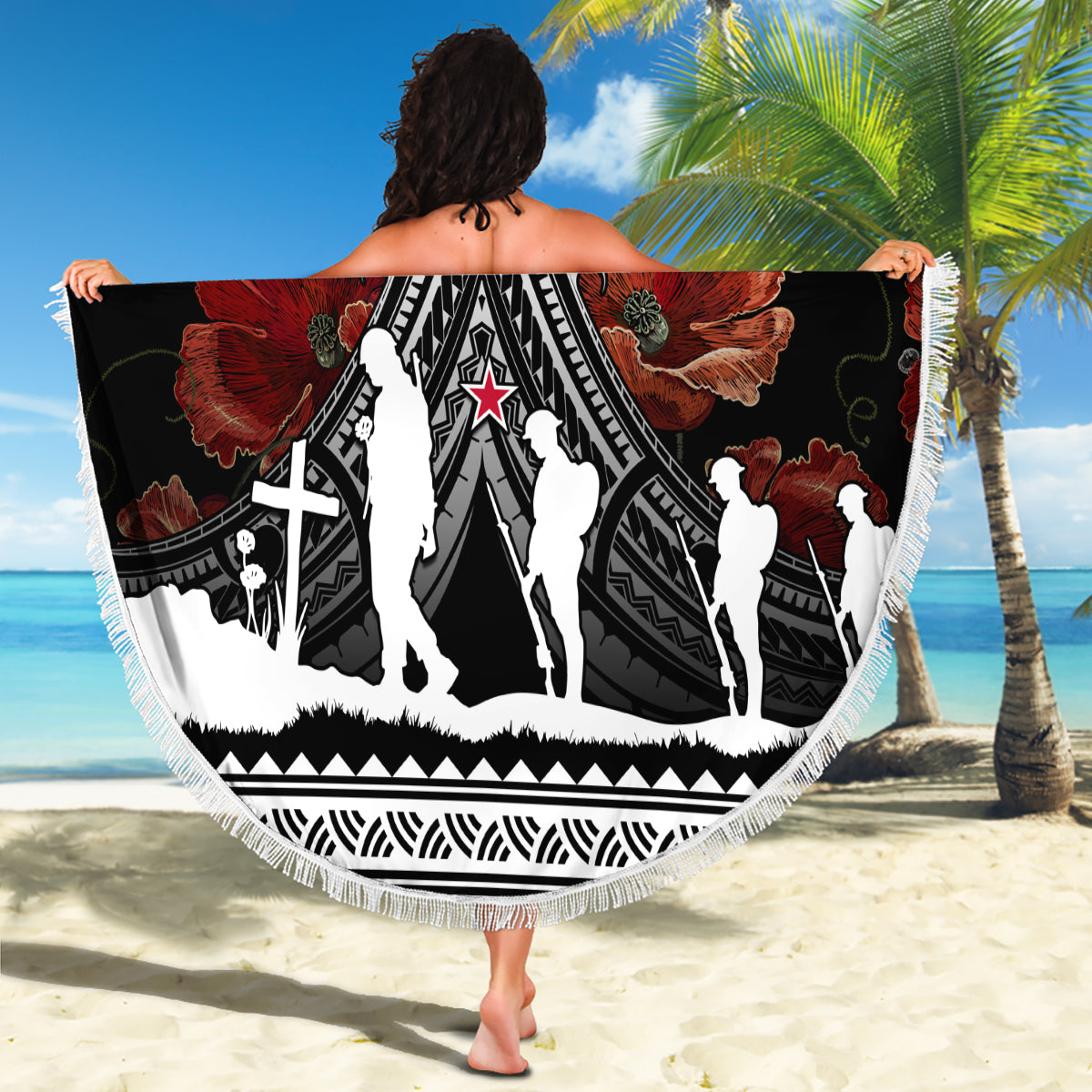 New Zealand ANZAC Day Beach Blanket Poppy With Polynesian Pattern LT01 - Polynesian Pride