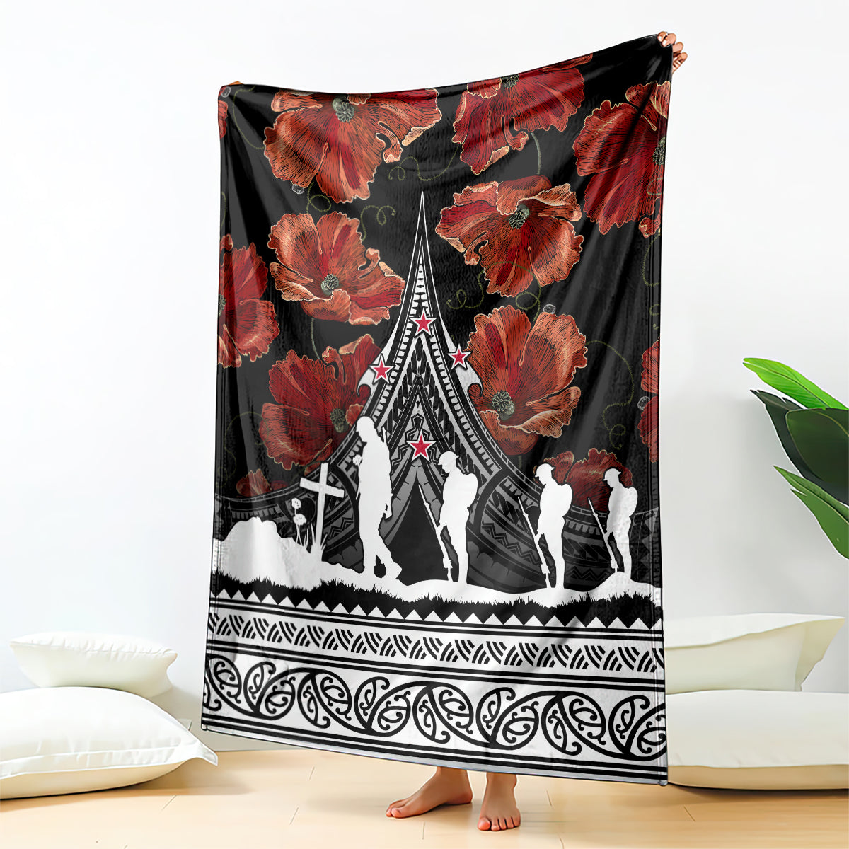 New Zealand ANZAC Day Blanket Poppy With Polynesian Pattern LT01 Black - Polynesian Pride