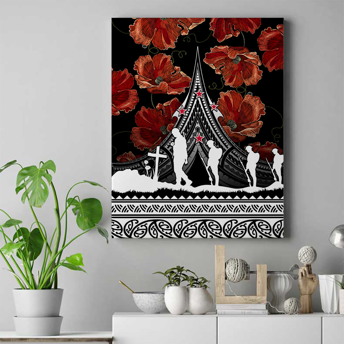 New Zealand ANZAC Day Canvas Wall Art Poppy With Polynesian Pattern LT01 Black - Polynesian Pride