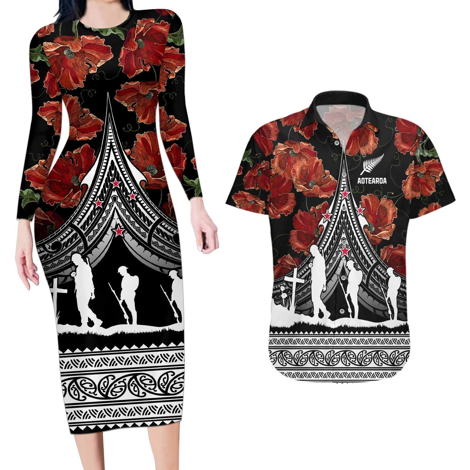 New Zealand ANZAC Day Couples Matching Long Sleeve Bodycon Dress and Hawaiian Shirt Poppy With Polynesian Pattern LT01 Black - Polynesian Pride