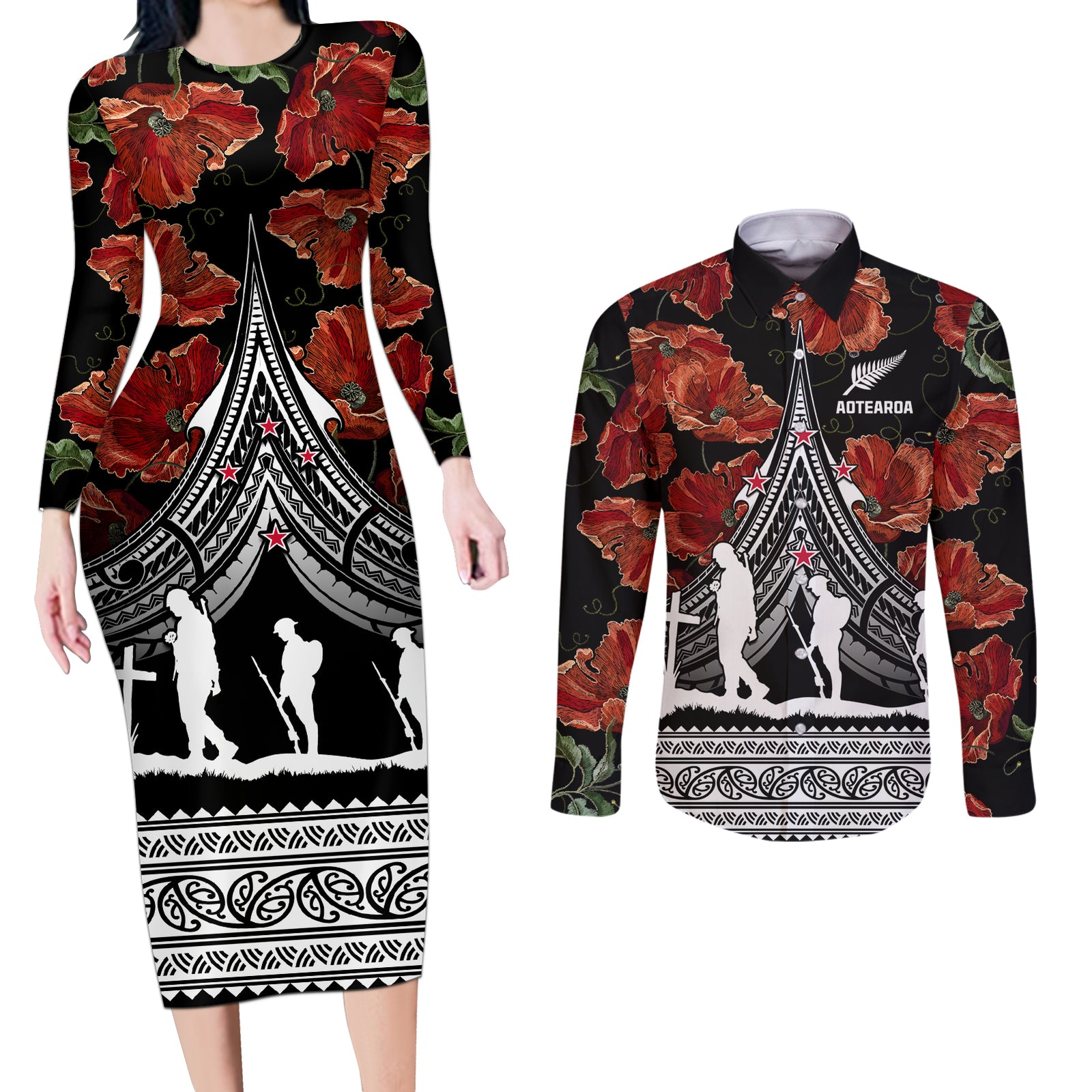 New Zealand ANZAC Day Couples Matching Long Sleeve Bodycon Dress and Long Sleeve Button Shirt Poppy With Polynesian Pattern LT01 Black - Polynesian Pride