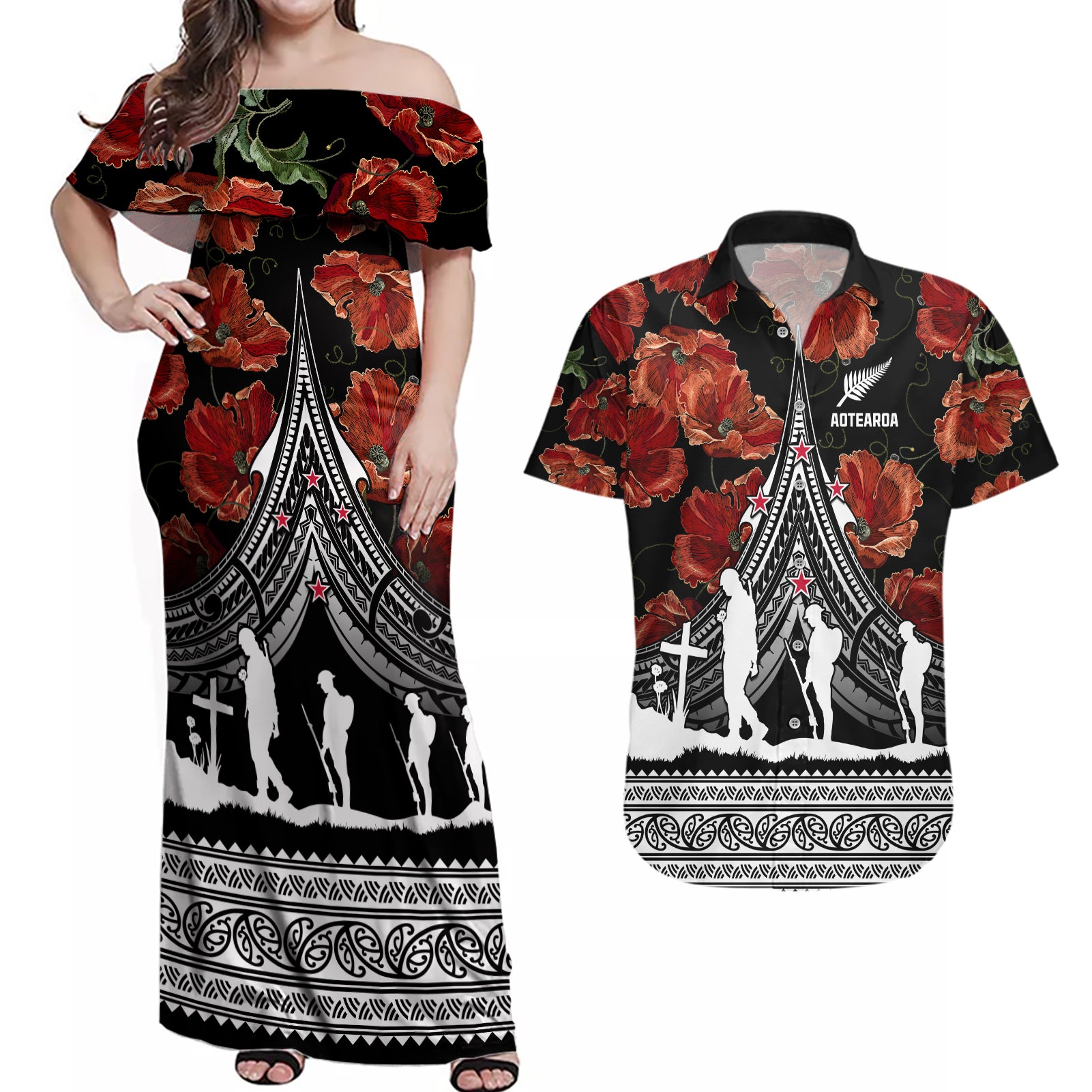 New Zealand ANZAC Day Couples Matching Off Shoulder Maxi Dress and Hawaiian Shirt Poppy With Polynesian Pattern LT01 Black - Polynesian Pride