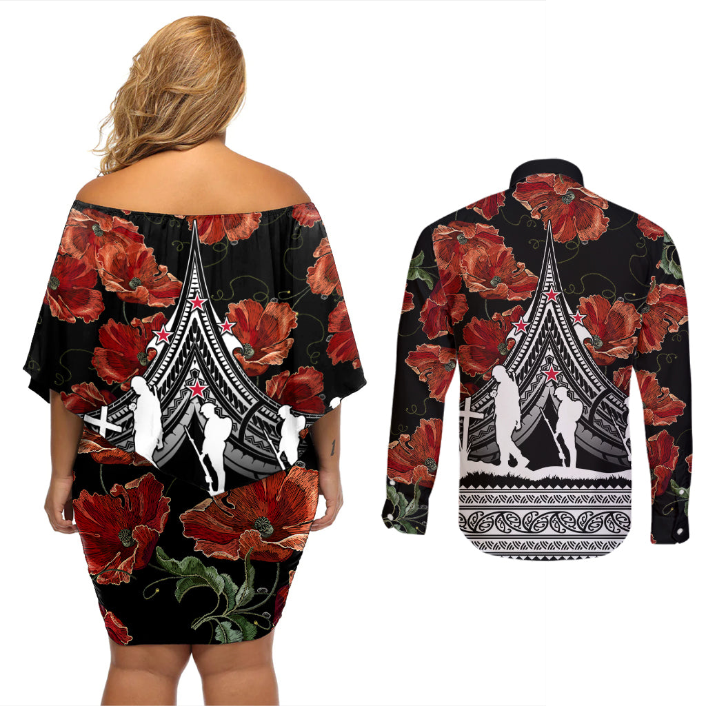 New Zealand ANZAC Day Couples Matching Off Shoulder Short Dress and Long Sleeve Button Shirt Poppy With Polynesian Pattern LT01 - Polynesian Pride