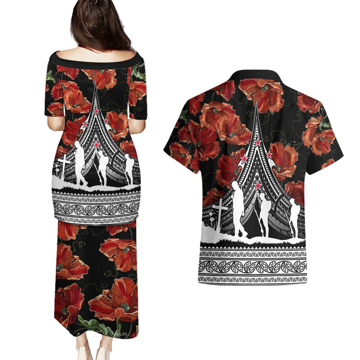 New Zealand ANZAC Day Couples Matching Puletasi Dress and Hawaiian Shirt Poppy With Polynesian Pattern LT01 - Polynesian Pride