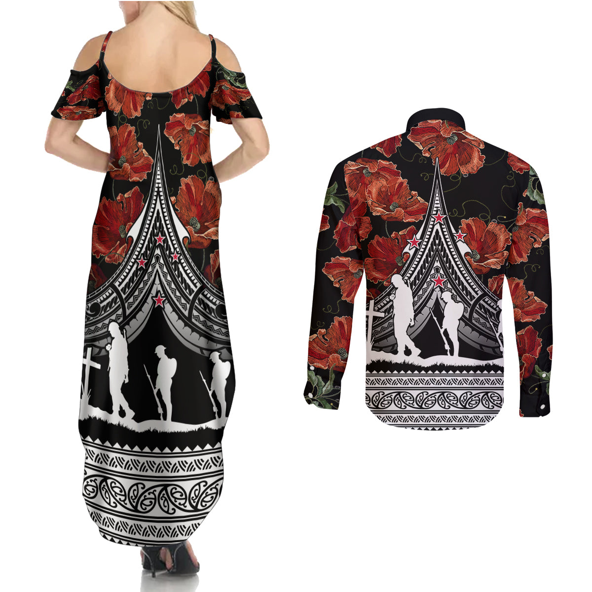 New Zealand ANZAC Day Couples Matching Summer Maxi Dress and Long Sleeve Button Shirt Poppy With Polynesian Pattern LT01 - Polynesian Pride