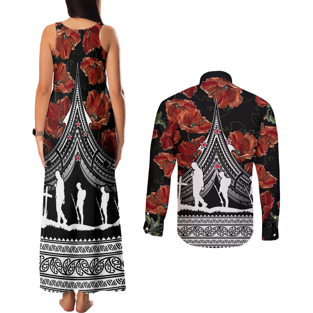 New Zealand ANZAC Day Couples Matching Tank Maxi Dress and Long Sleeve Button Shirt Poppy With Polynesian Pattern LT01 - Polynesian Pride
