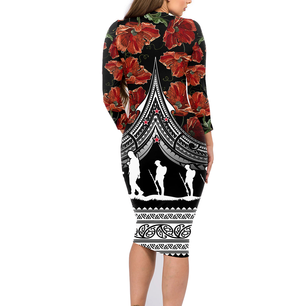 New Zealand ANZAC Day Family Matching Long Sleeve Bodycon Dress and Hawaiian Shirt Poppy With Polynesian Pattern LT01 - Polynesian Pride