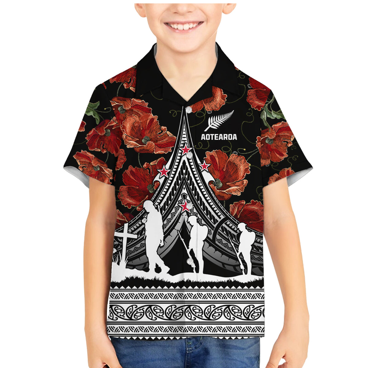 New Zealand ANZAC Day Family Matching Mermaid Dress and Hawaiian Shirt Poppy With Polynesian Pattern LT01 Son's Shirt Black - Polynesian Pride