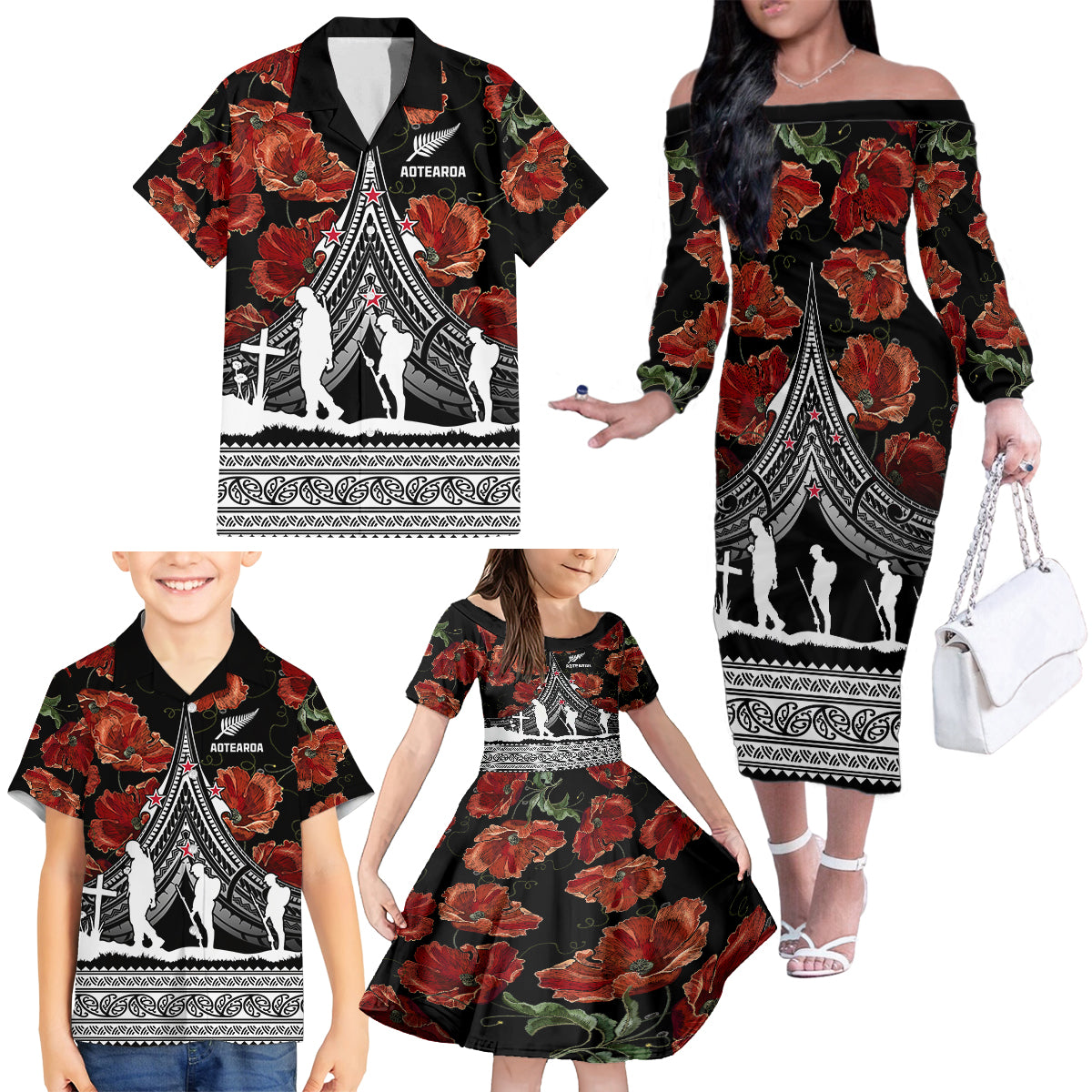 New Zealand ANZAC Day Family Matching Off Shoulder Long Sleeve Dress and Hawaiian Shirt Poppy With Polynesian Pattern LT01 - Polynesian Pride