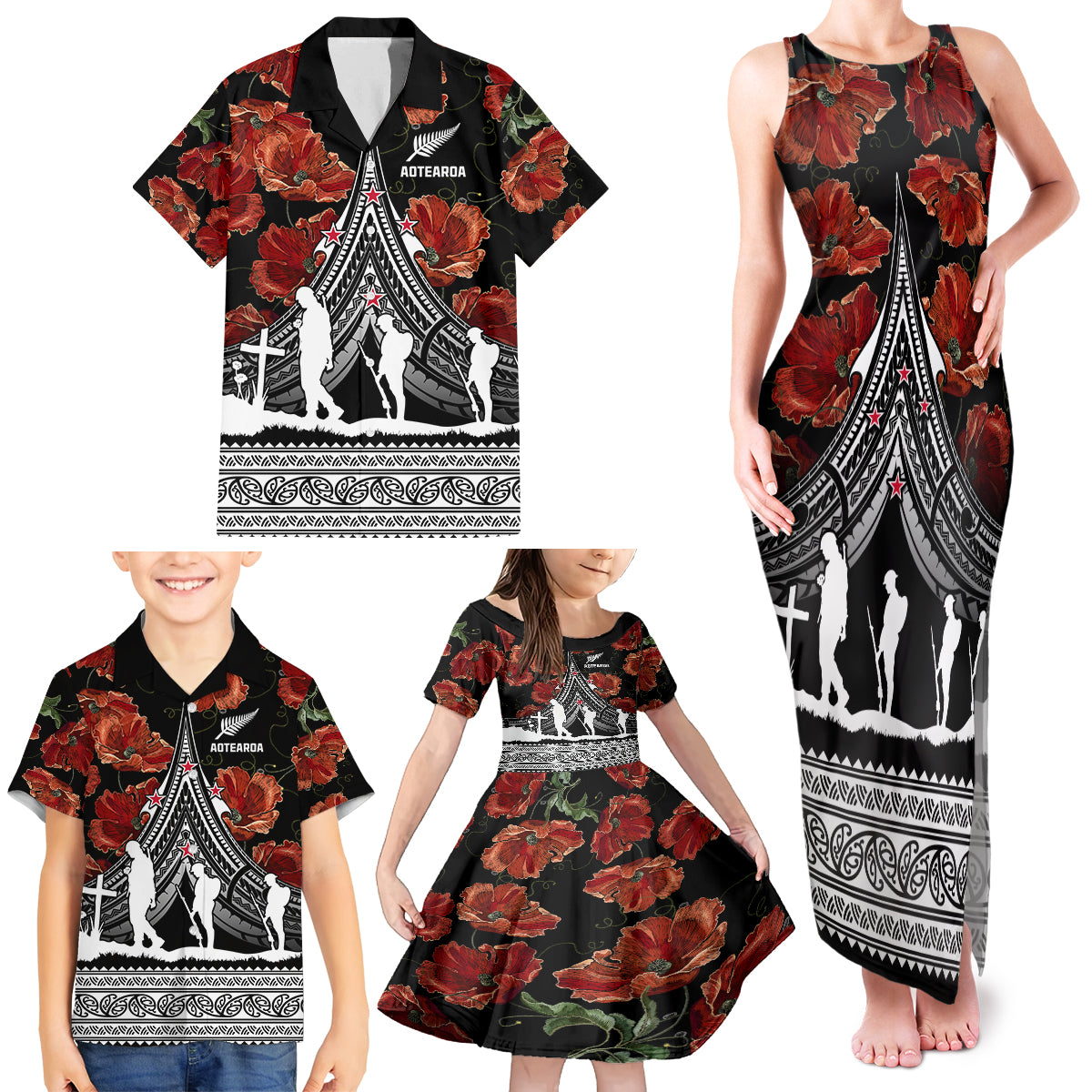 New Zealand ANZAC Day Family Matching Tank Maxi Dress and Hawaiian Shirt Poppy With Polynesian Pattern LT01 - Polynesian Pride