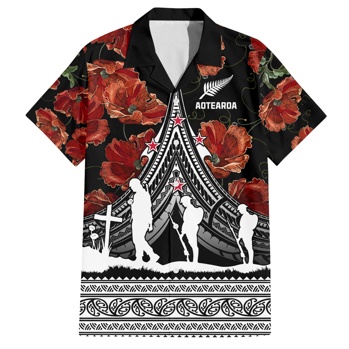New Zealand ANZAC Day Family Matching Tank Maxi Dress and Hawaiian Shirt Poppy With Polynesian Pattern LT01 Dad's Shirt - Short Sleeve Black - Polynesian Pride