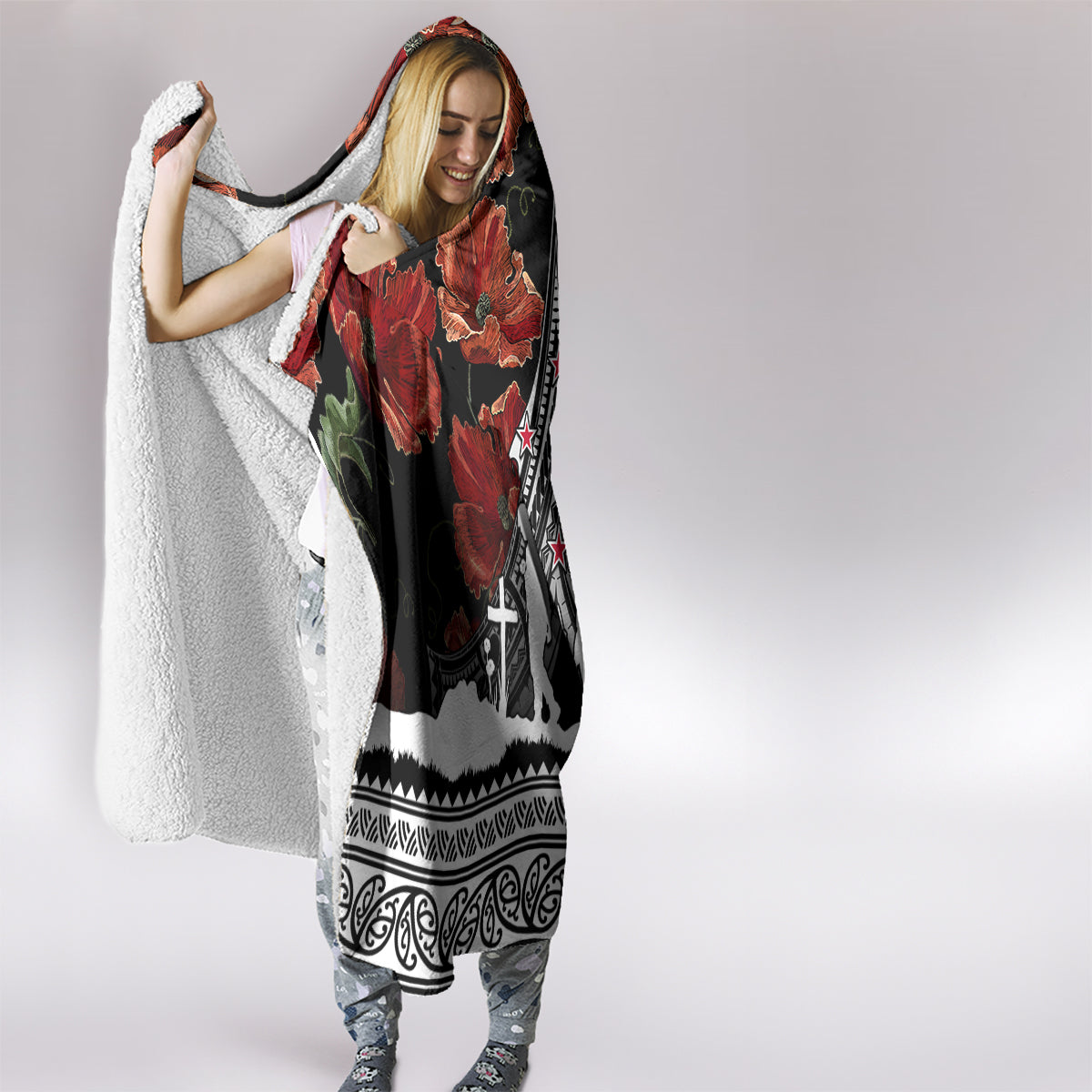 New Zealand ANZAC Day Hooded Blanket Poppy With Polynesian Pattern LT01 - Polynesian Pride