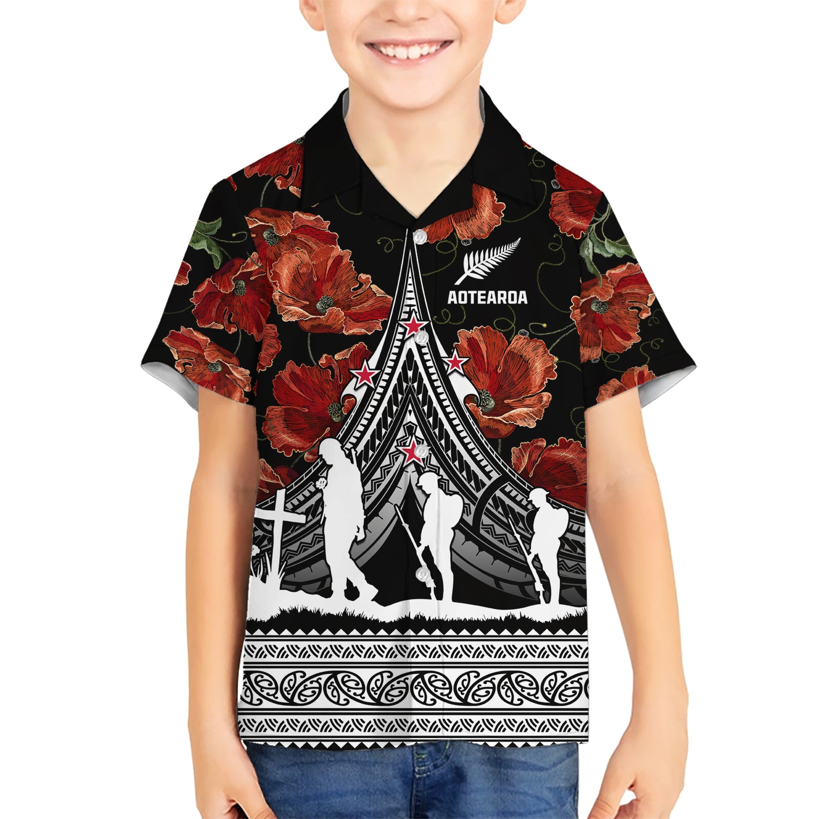 New Zealand ANZAC Day Kid Hawaiian Shirt Poppy With Polynesian Pattern LT01 Kid Black - Polynesian Pride