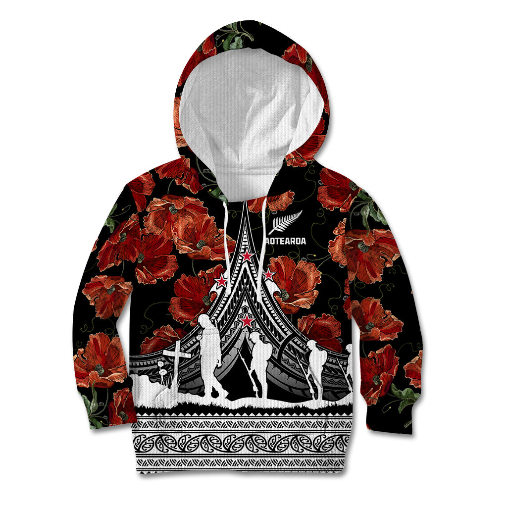 New Zealand ANZAC Day Kid Hoodie Poppy With Polynesian Pattern LT01 Hoodie Black - Polynesian Pride