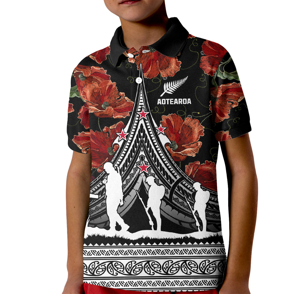 New Zealand ANZAC Day Kid Polo Shirt Poppy With Polynesian Pattern LT01 Kid Black - Polynesian Pride