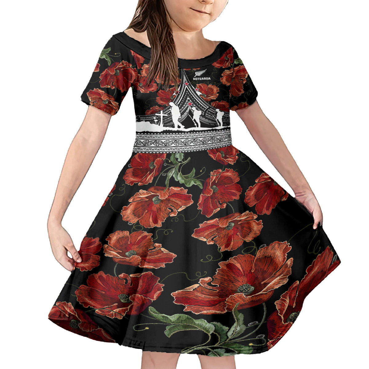 New Zealand ANZAC Day Kid Short Sleeve Dress Poppy With Polynesian Pattern LT01 KID Black - Polynesian Pride