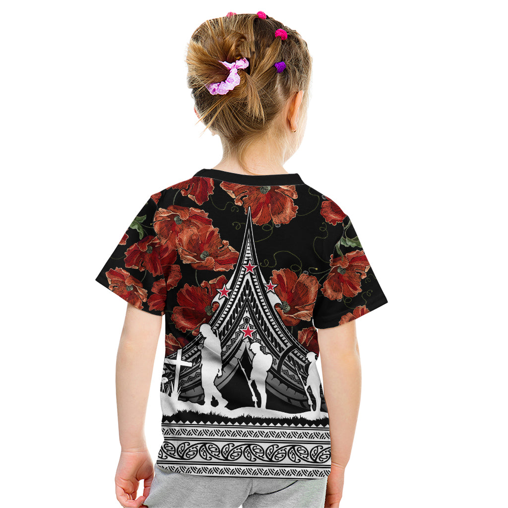 New Zealand ANZAC Day Kid T Shirt Poppy With Polynesian Pattern LT01 - Polynesian Pride