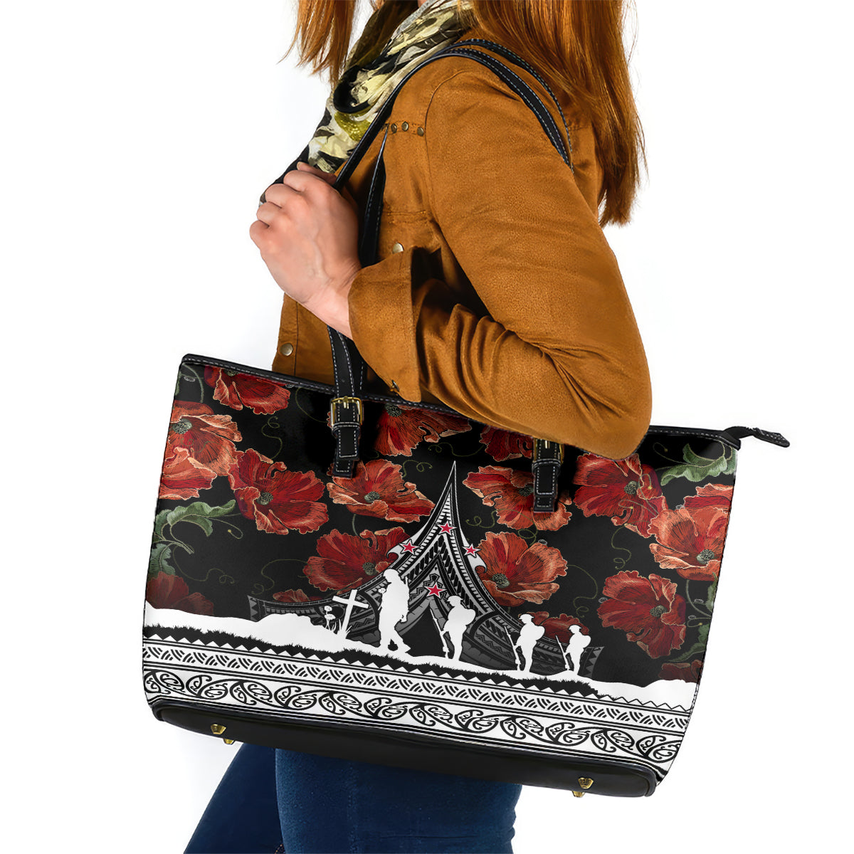 New Zealand ANZAC Day Leather Tote Bag Poppy With Polynesian Pattern LT01 Black - Polynesian Pride