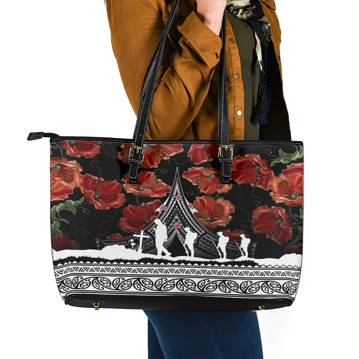 New Zealand ANZAC Day Leather Tote Bag Poppy With Polynesian Pattern LT01 - Polynesian Pride