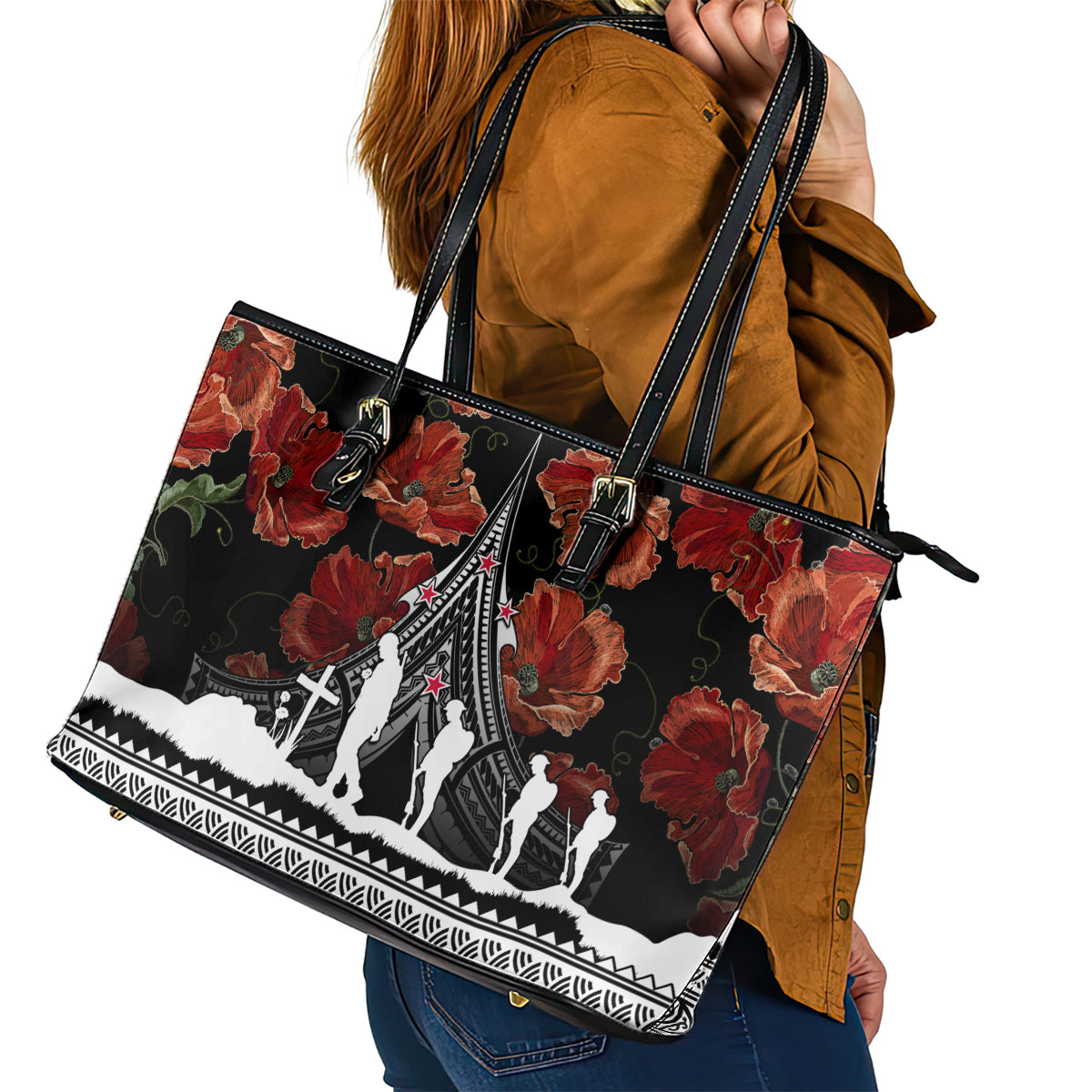 New Zealand ANZAC Day Leather Tote Bag Poppy With Polynesian Pattern LT01 - Polynesian Pride