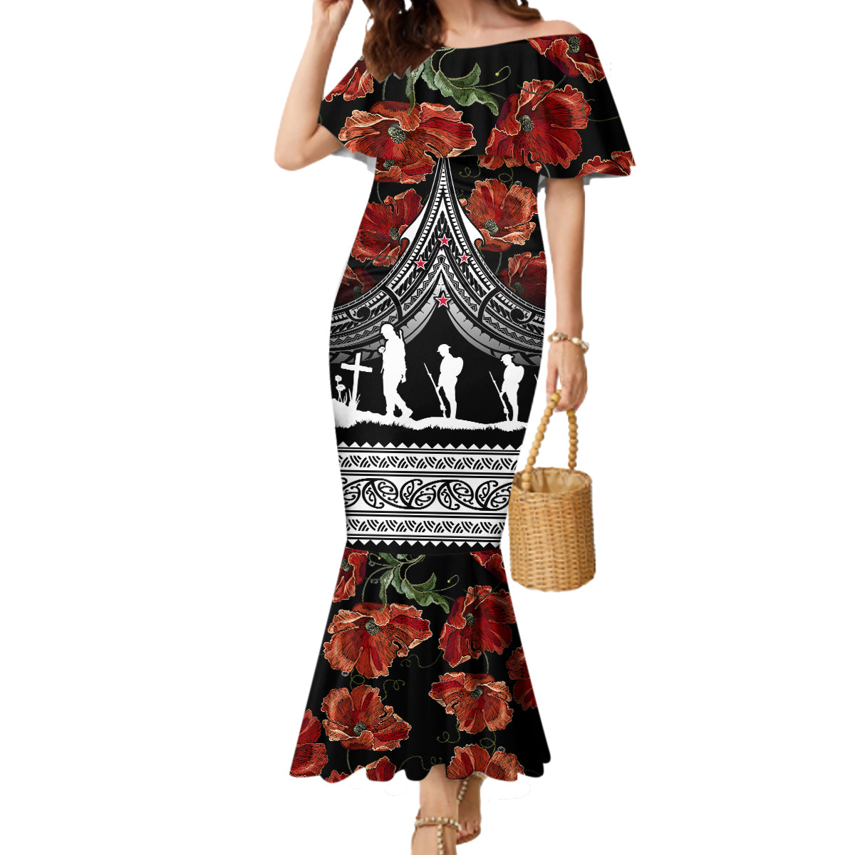 New Zealand ANZAC Day Mermaid Dress Poppy With Polynesian Pattern LT01 Women Black - Polynesian Pride