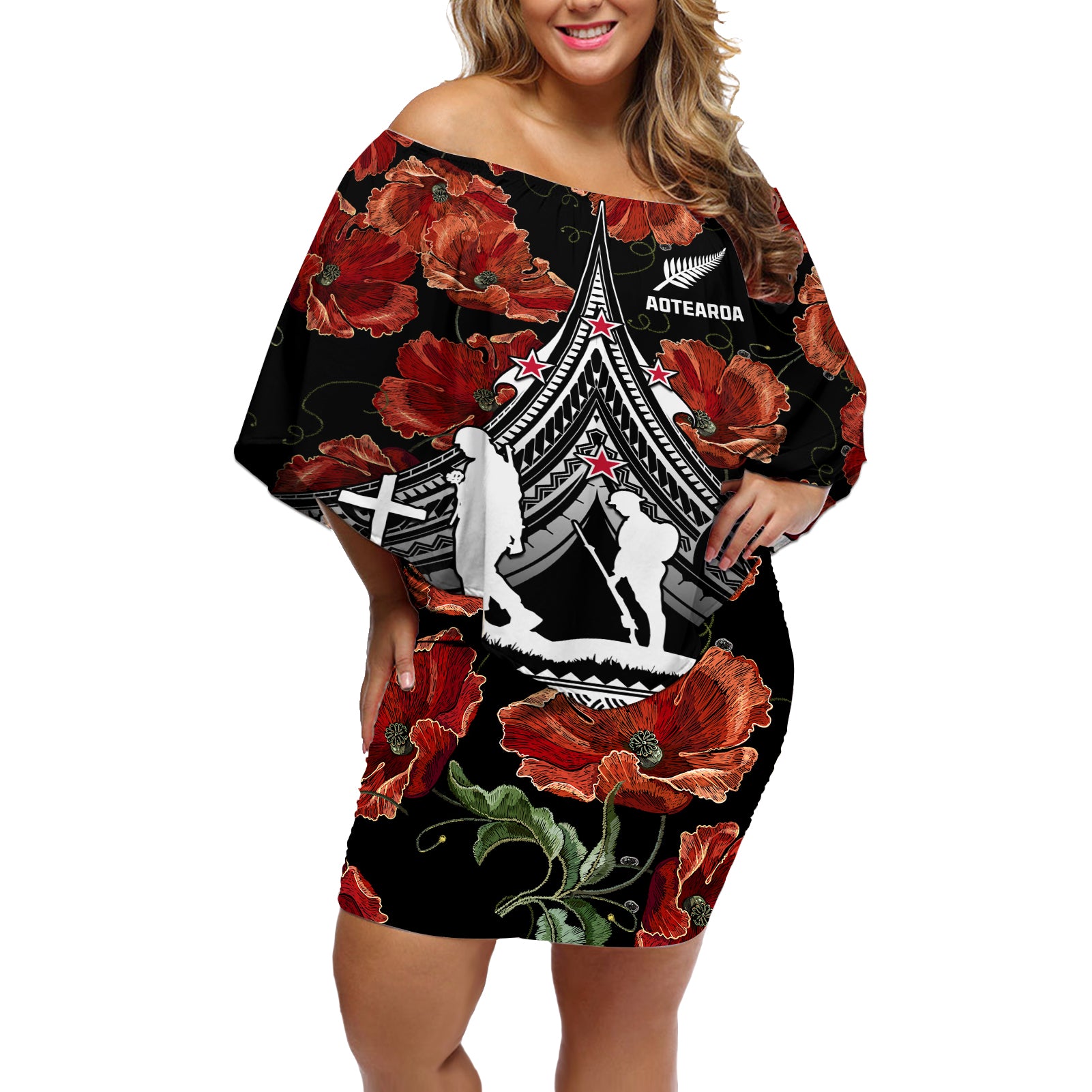 New Zealand ANZAC Day Off Shoulder Short Dress Poppy With Polynesian Pattern LT01 Women Black - Polynesian Pride